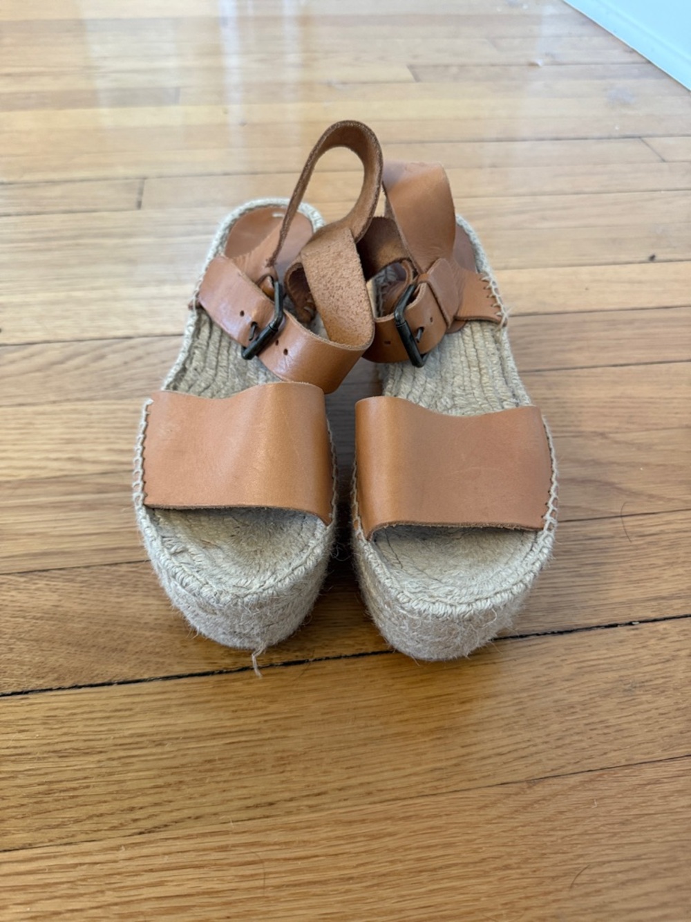 Soludos Tan Leather Platform Espadrille Sandals with Buckle Straps